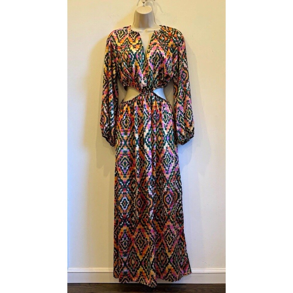 Zara Maxi Dress M Geometric Multicolor Chiffon V-Neck Cutout Button art to wear